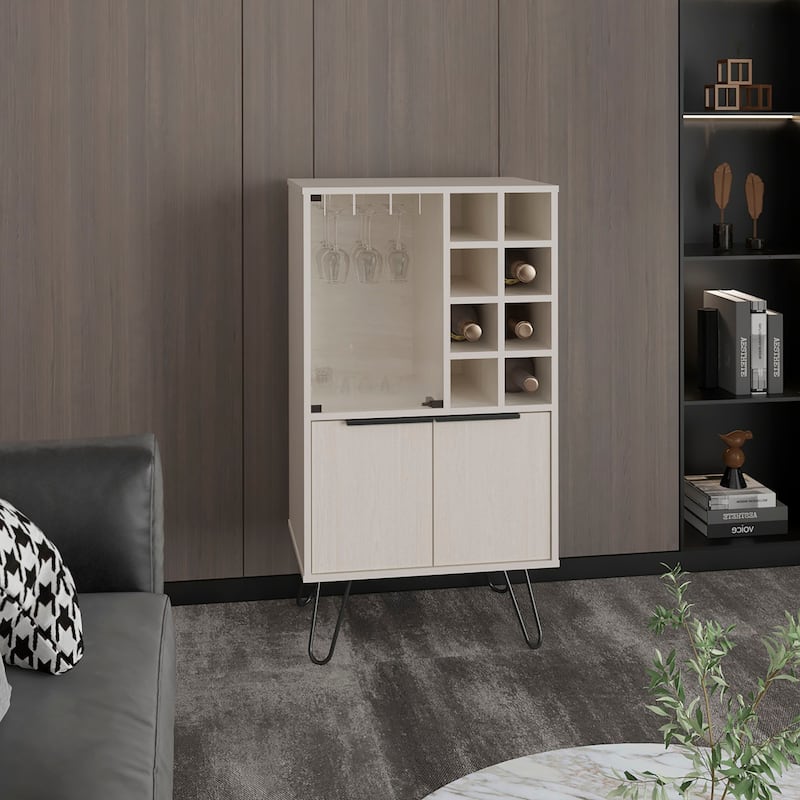 Aster 23" Wide Double Door Bar Cabinet and Glass door comparment, Eight bottle cubbies and stemware