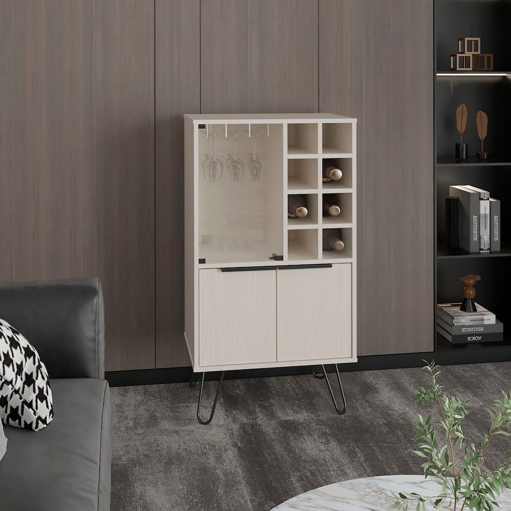 Aster 23" Wide Double Door Bar Cabinet and Glass door comparment, Eight bottle cubbies and stemware