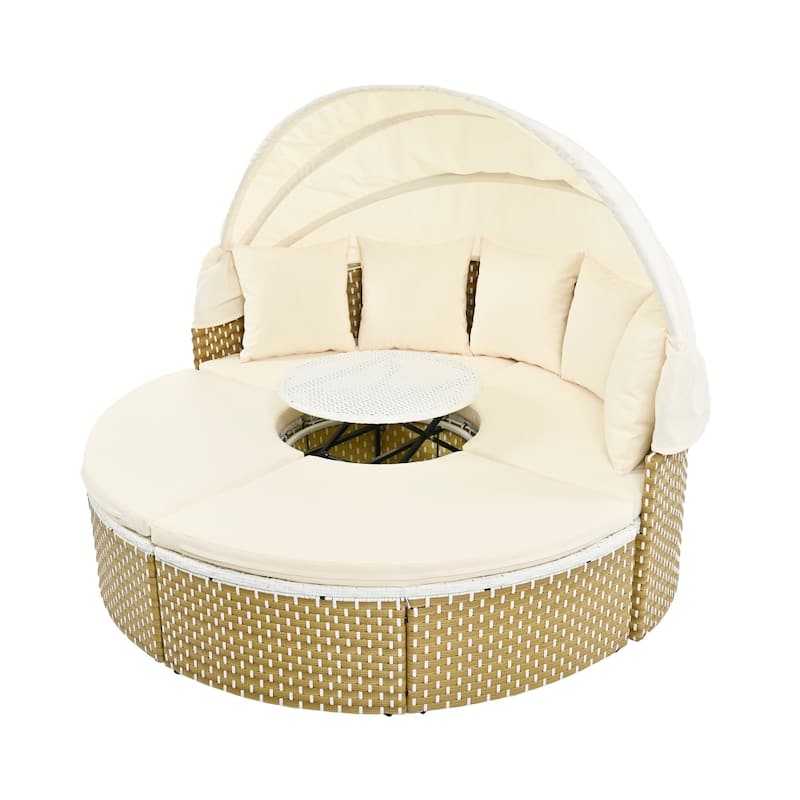 Round Wicker Outdoor Day Bed with Retractable Canopy