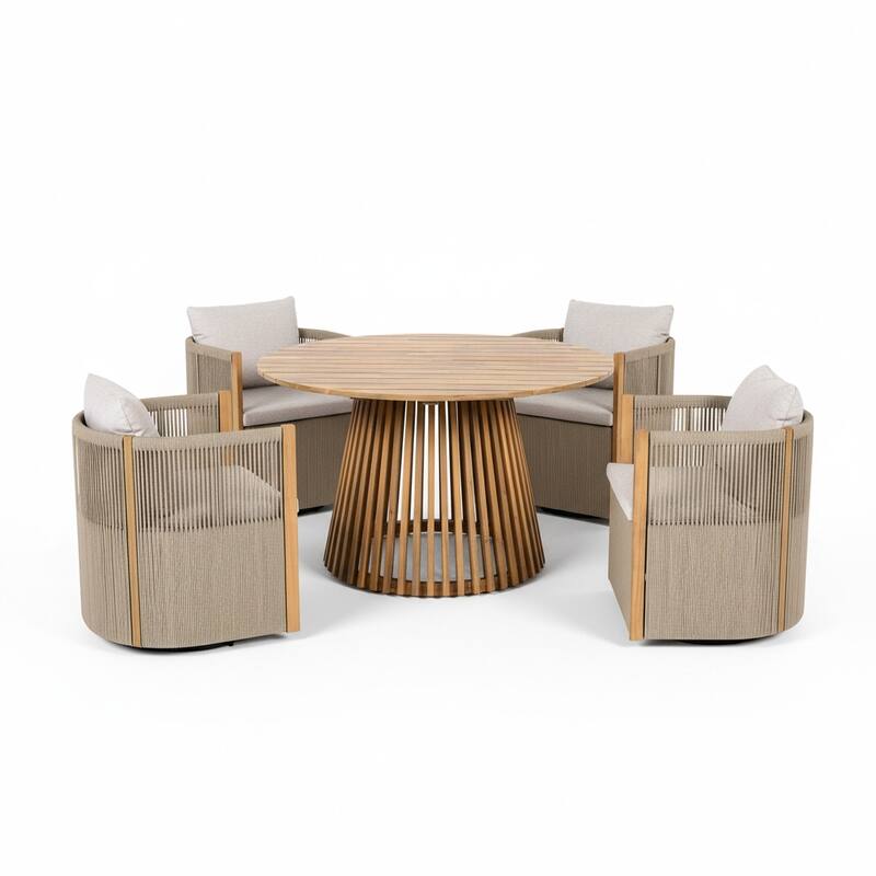 Christopher Knight Home - Roslyn 5-Piece Outdoor Acacia Wood Swivel Dining Set with Rope Woven Wicker Chairs & Round Slat Table