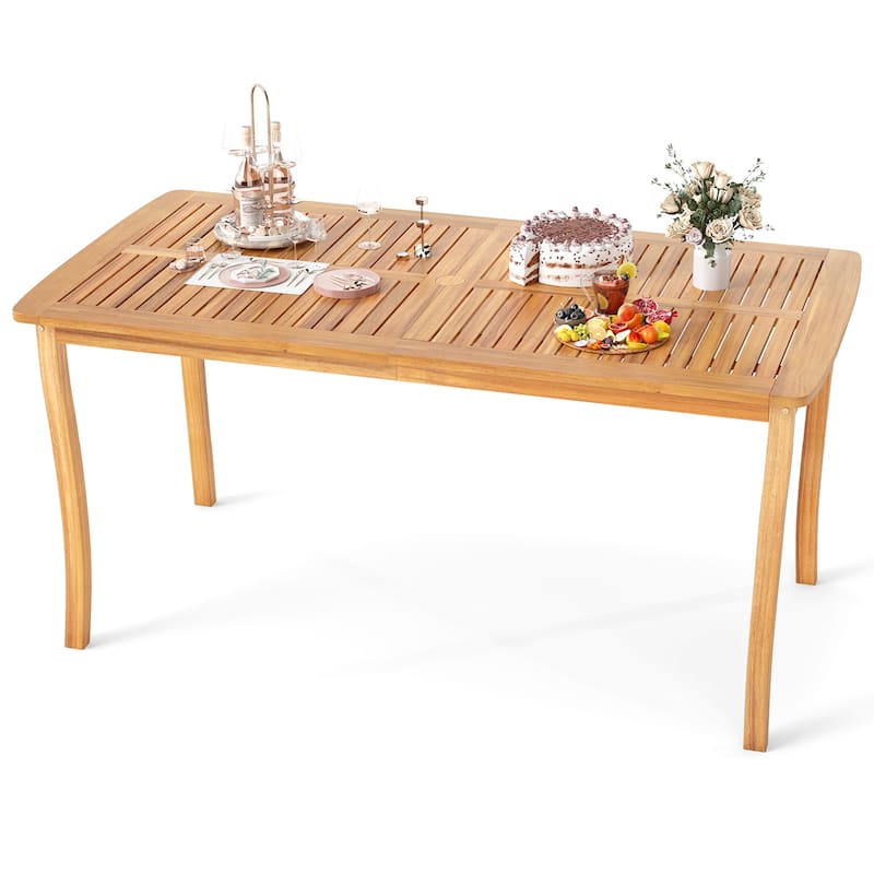 63 Inch Acacia Wood Outdoor Dining Table with Umbrella Hole for Patio Backyard Garden - 63" x 32" x 30"
