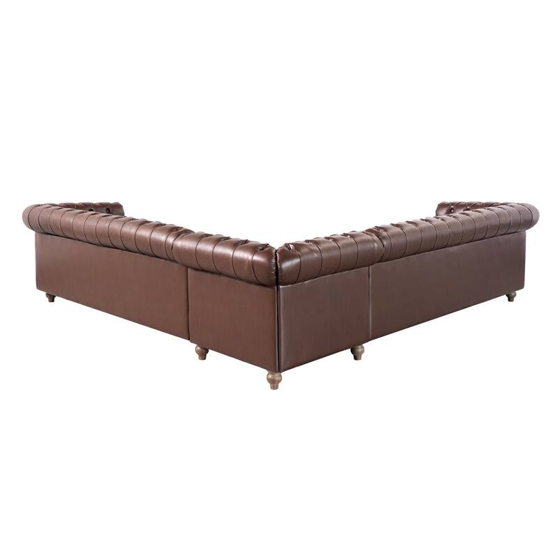 L-Shaped Sectional Sofa with Nailhead Trim & Wooden Legs, PU Leather Upholstered Sofa, Large Corner 6-Seater Sofa