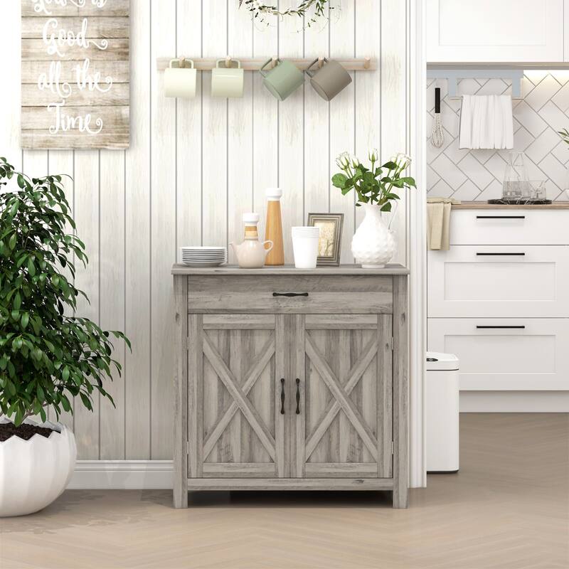 HOMCOM 32" Farmhouse Barn Door Style Sideboard Cabinet,Buffet Storage Cabinet Coffee Bar for Living Room or Entryway