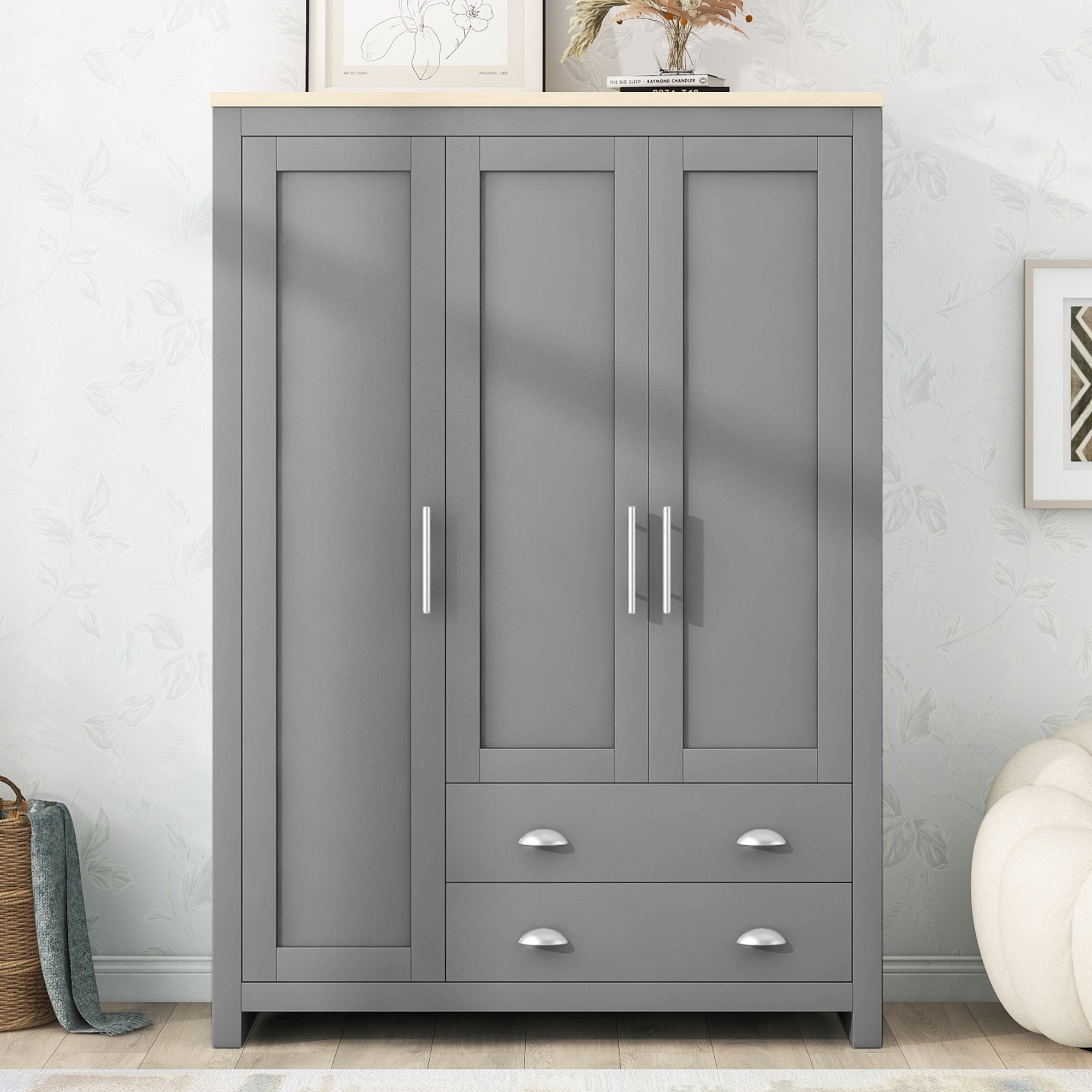 3 Door Wardrobe Bedroom Clothes Storage Cabinet Gray Armoires with 2 Hanging Rods & 2 Drawers