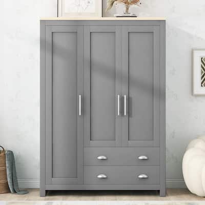 Large Capacity Wardrobe, 3 Door Armoires Clothes Storage Cabinet with 2 Hanging Clothes Rods & 2 Drawers for Bedroom