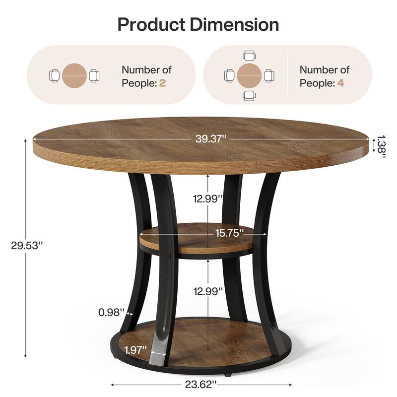 39.37 Inch Round Conference Table with 2-Tier Storage Shelf and Metal Base for 4 People - 39.37" D x 39.37" W x 29.53" H