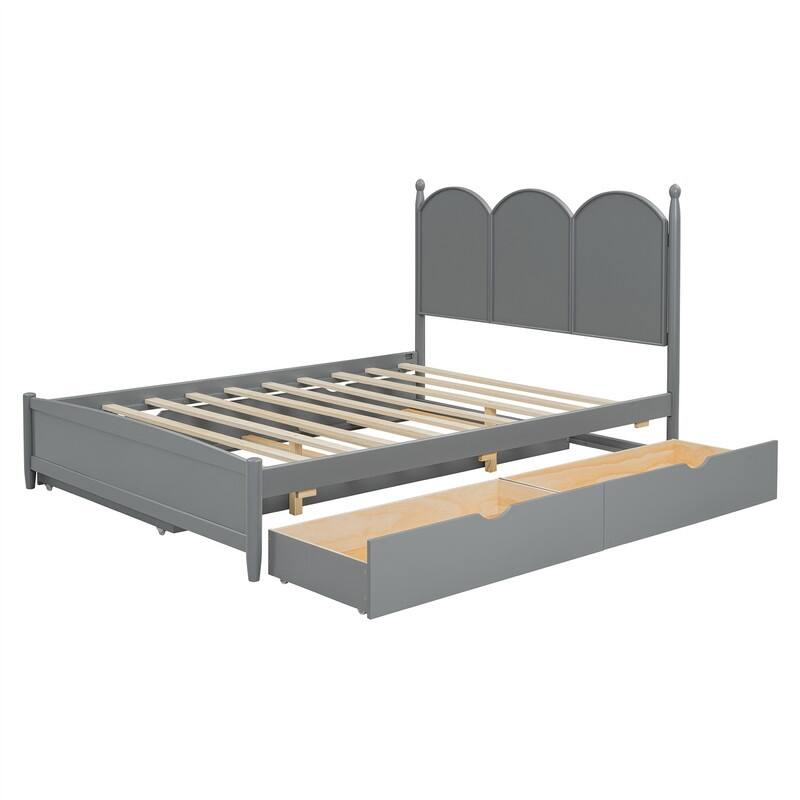 Queen Size Platform Bed with Twin XL Trundle and 2 Big Drawers, Wooden Bed Frame with Headboard and Slats Support