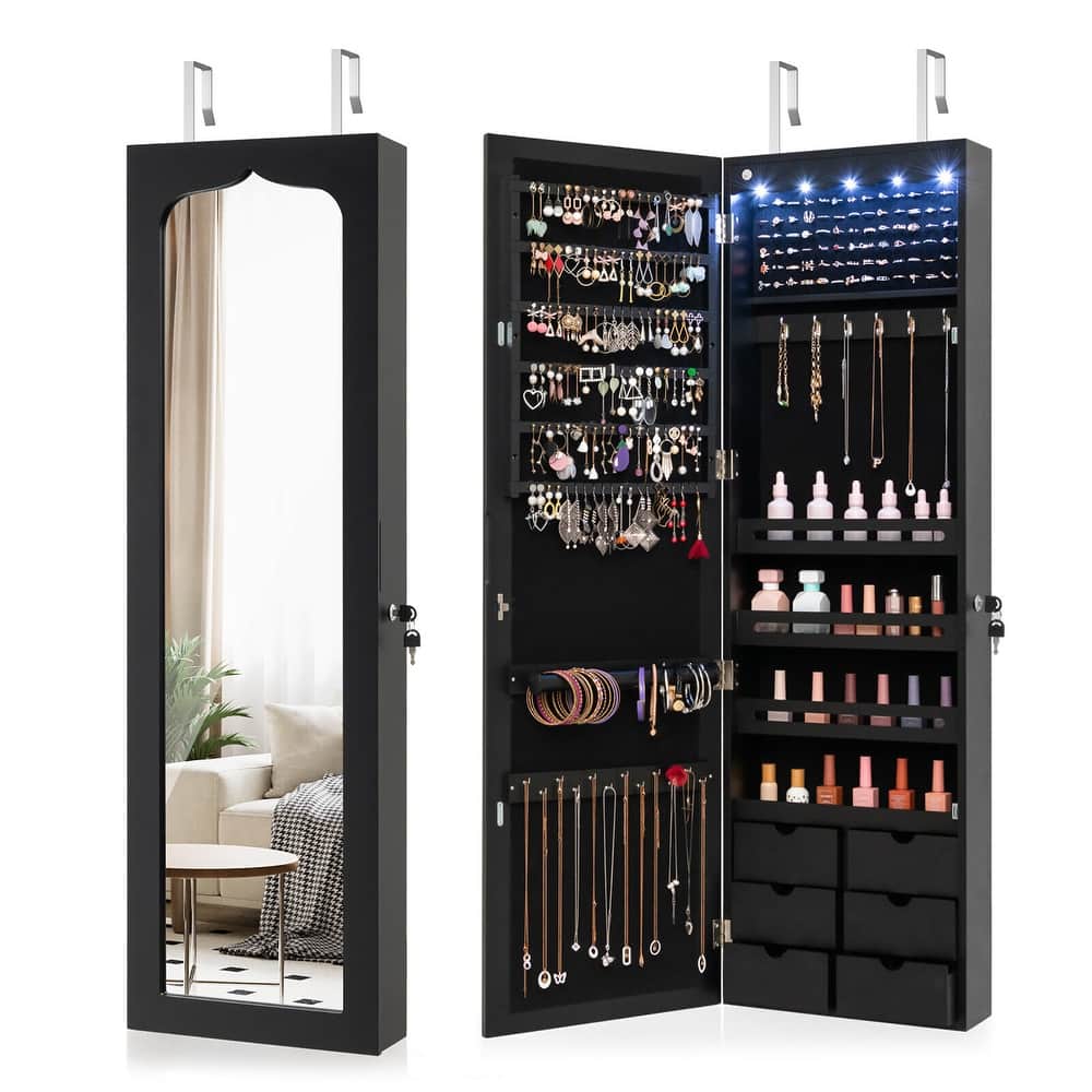 Gymax Wall Door Mounted LED Mirror Jewelry Cabinet Lockable Armoire