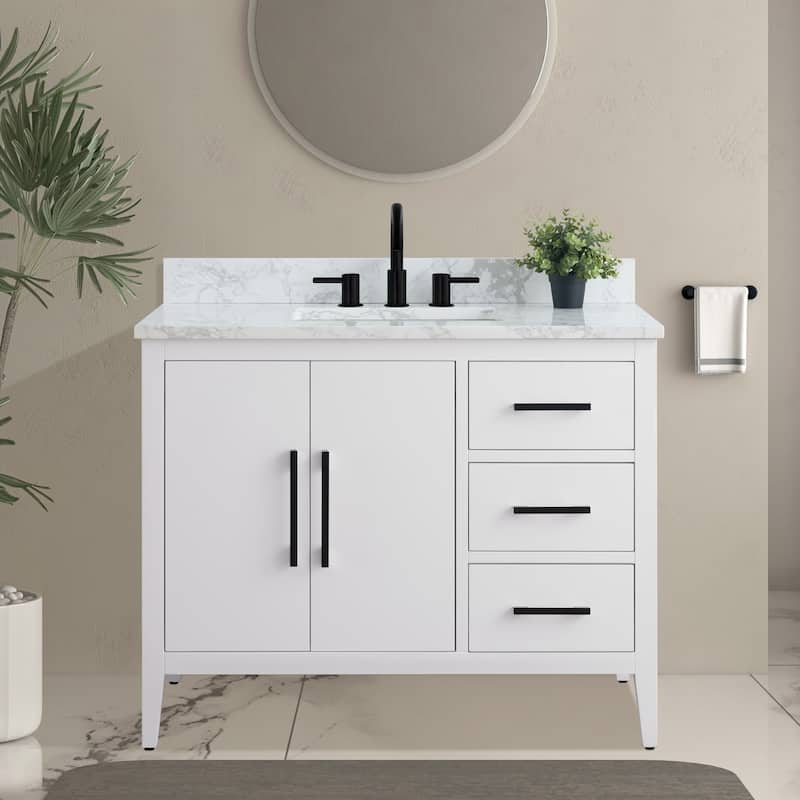 Vanity Art 42" Single Sink Bathroom Vanity Cabinet with Engineered Marble Countertop - 42"/Matte Black Handle - White