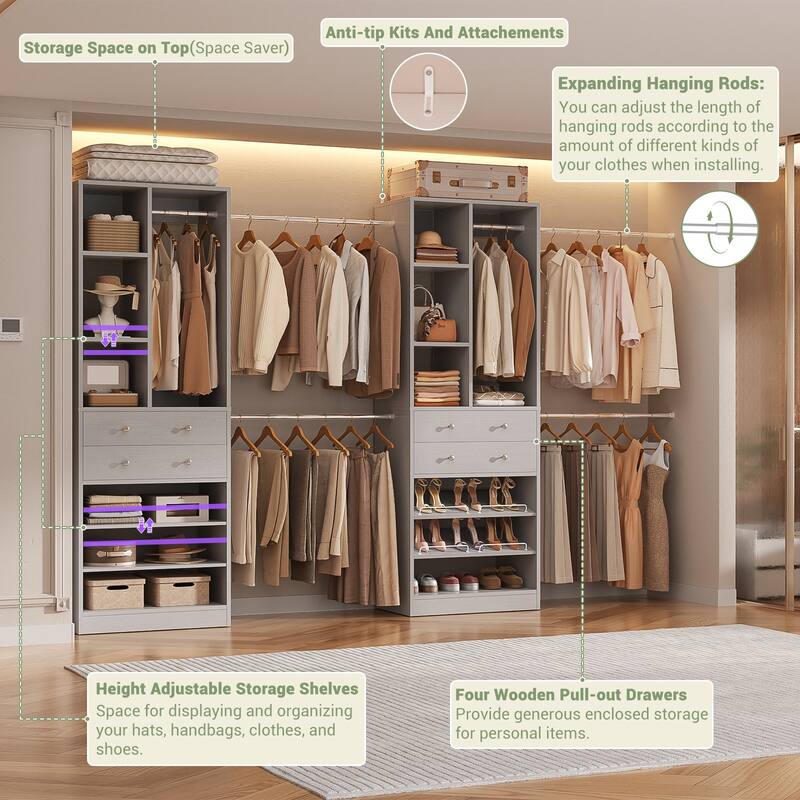 Set of 2 Closet System with 6 Hanging Rods and 4 Drawers, Adjustable Closet System with Shelves and Shoe Rack