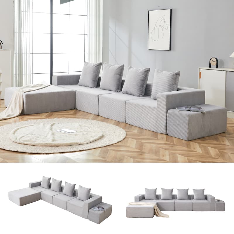 4-Seat Modular Sofa Sectional with Oversized Chaise & Ottomans Cloud Couch in Soft Corduroy Fabric