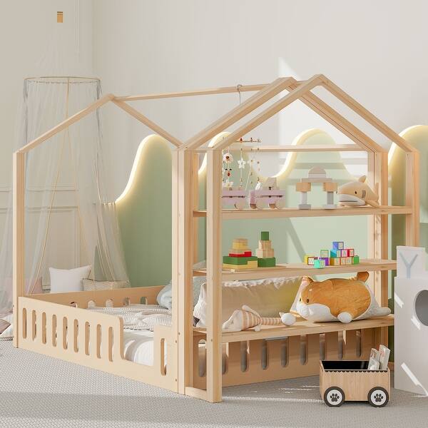 slide 2 of 16, Full Size Wood House Bed with Fence and Removable Storage - Spacious and Inviting