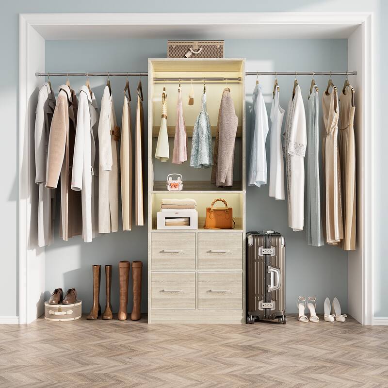 Rackcog 103'' Closet Organizer with 4 Cubes, Closet System with Fabric Drawers and 3 Hanging Rods - Washed Oak