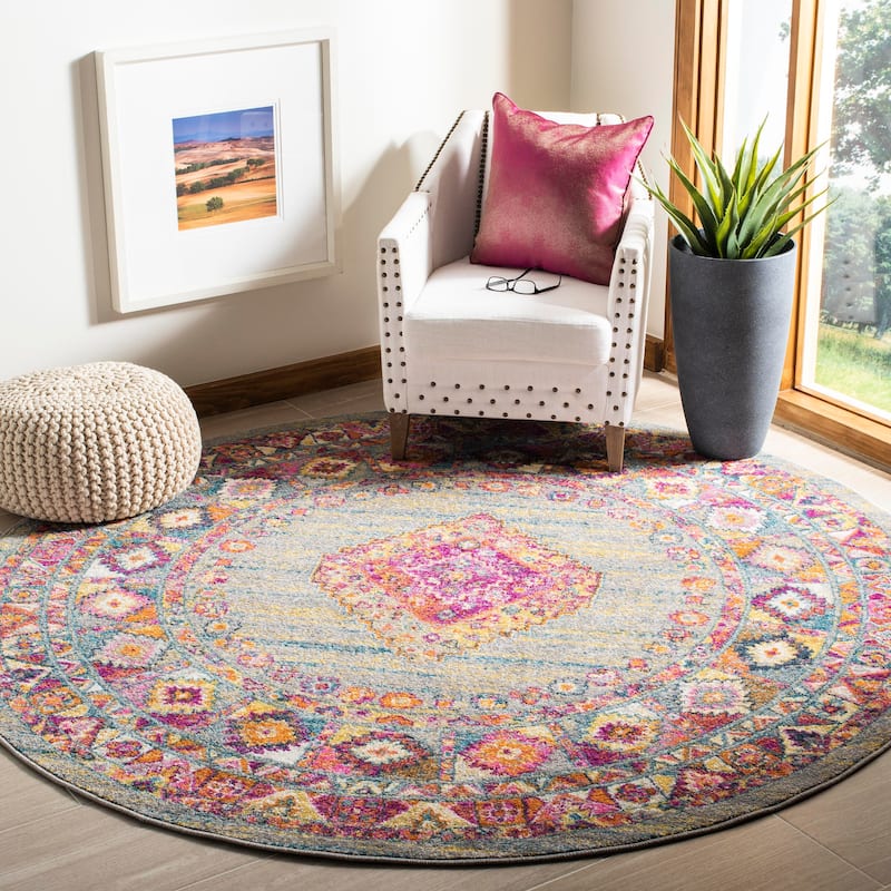 SAFAVIEH Madison Matxalen Vintage Boho Oriental Rug - 6'7" Round - Light Grey/Fuchsia - Round