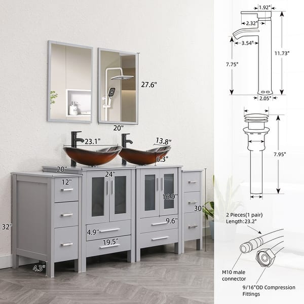 dimension image slide 11 of 12, 72" Bathroom Vanity Set Glass Ceramic Vessel Sink Side Cabinet Combo