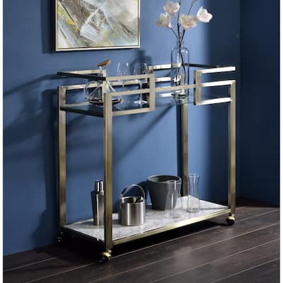 Metal Serving Cart with Glass and Faux Marble Shelves, 2-Tier Bar Cart