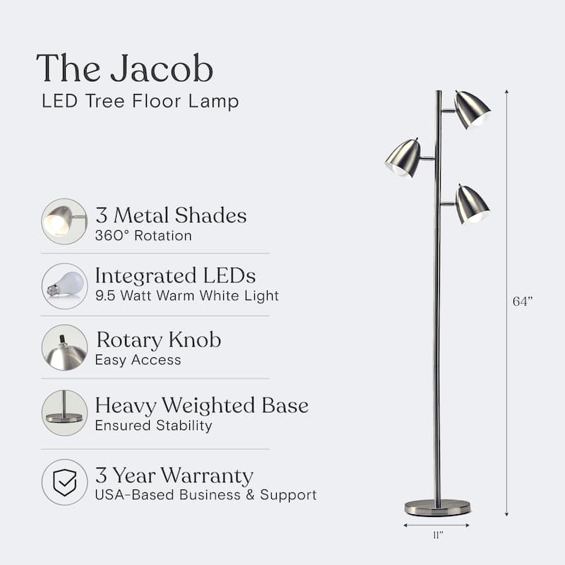 Brightech Jacob 64 in. Brushed Nickel Mid-Century Modern 3-Light Adjustable LED Floor Lamp with 3 Nickel Metal Cone Shades