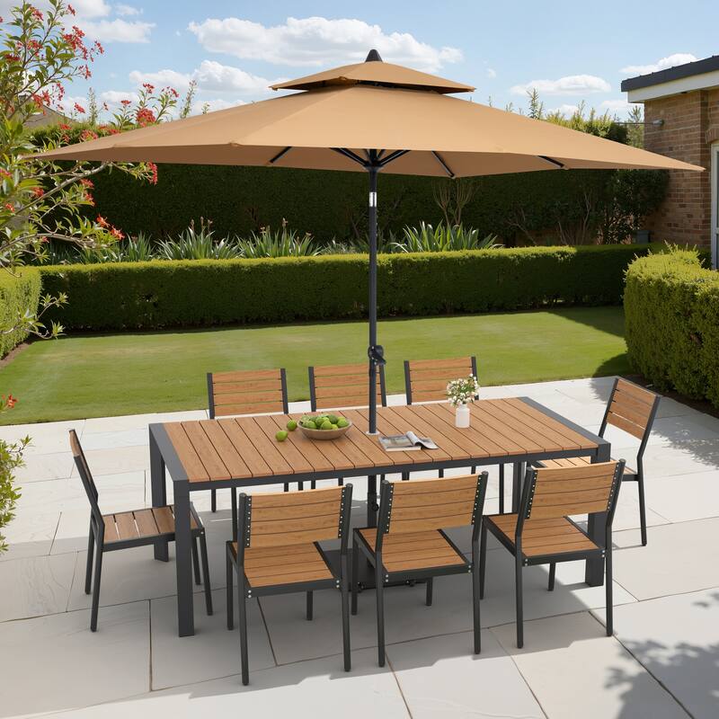 9/11-Piece Outdoor Dining Set Aluminum Table and Stackable Chairs w/10 ft Umbrella and Base - Set of 11 - Brown Table with Tan Umbrella
