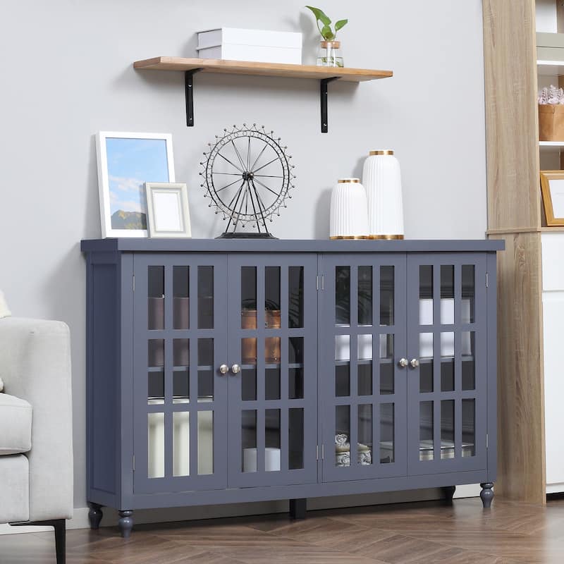 Buffet Cabinet with 4 Tempered Glass Doors,Stripe Pattern and Adjustable Storage Shelf