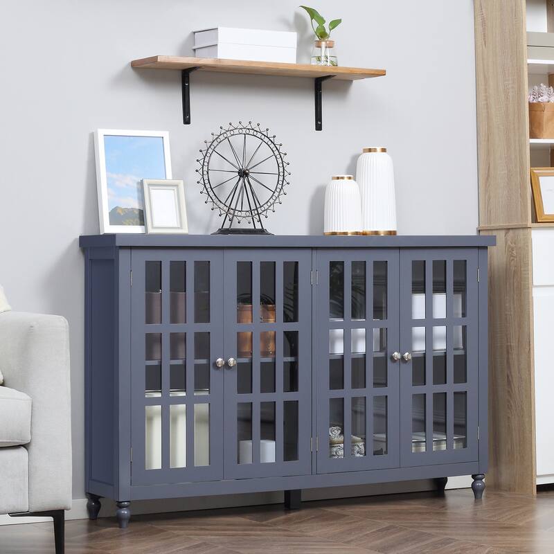 Sideboard, Buffet Cabinet with 4 Tempered Glass Doors, Stripe Pattern and Adjustable Storage Shelf, Credenza