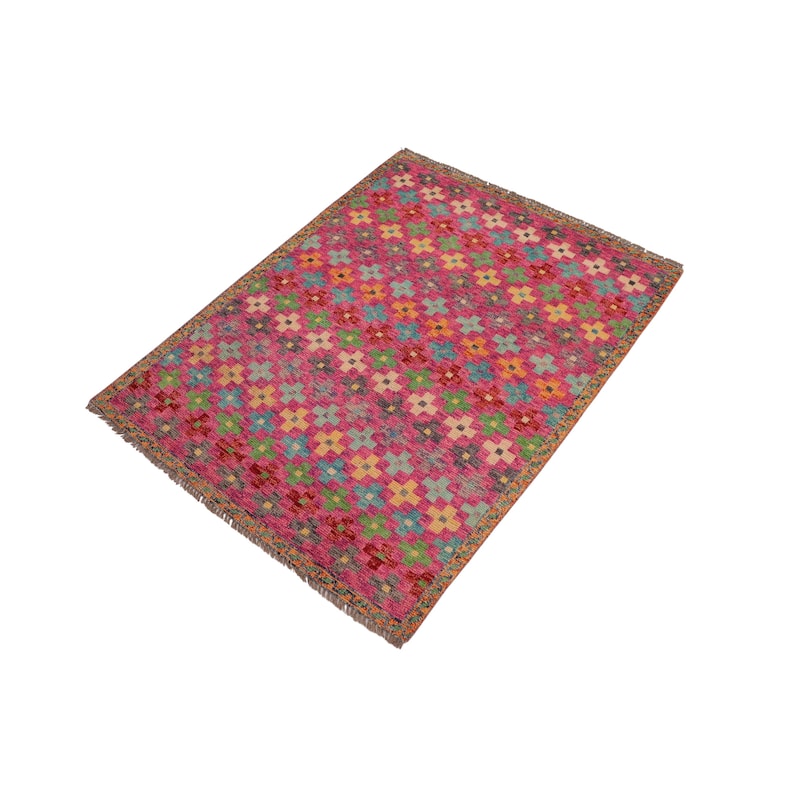 Modern Balochi Espinoza Pink/Orange Hand Knotted Wool Rug - 3'4'' x 4'10''