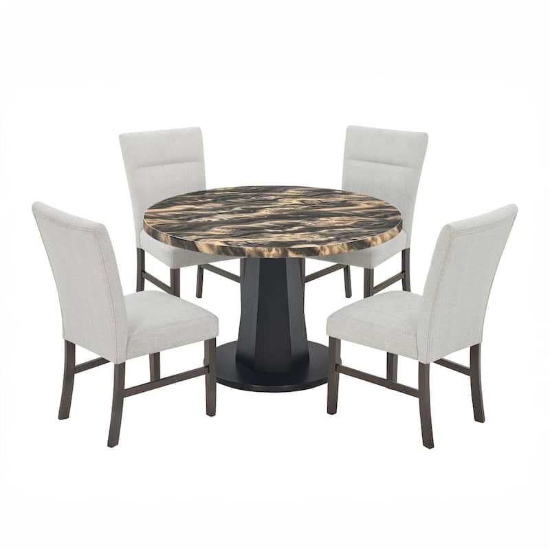 Roundhill Furniture Cavira 5-Piece Modern Dining Set, Round Faux Marble Dining Table with Four Chairs