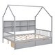 preview thumbnail 15 of 22, Full Size Wooden House Bed with Roof, Storage Drawers, and Shelf, Kids Play Bed