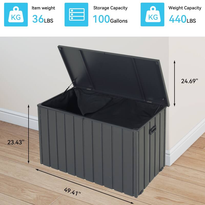 100 Gallon Metal Deck Box Built-in a Oxford Fabric Storage Bag, Lockable & Waterproof Outside Patio Storage Box