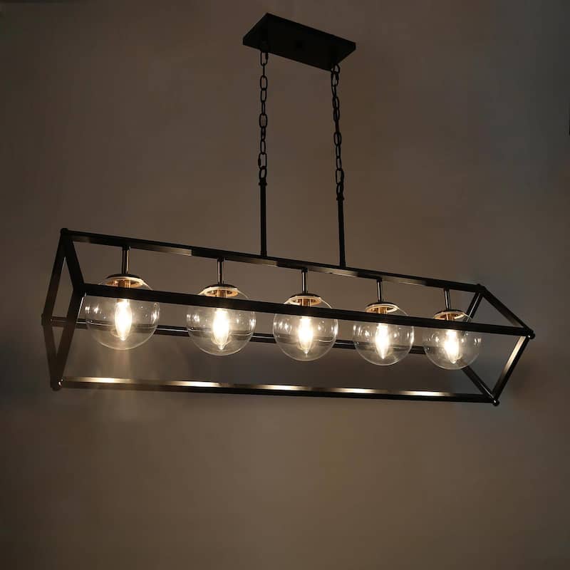 Modern Farmhouse 5-Light Geometric Chandeliers Black Gold Glass Island Light for Dining Room - 41.5"L x 20"Wx 23.5"H