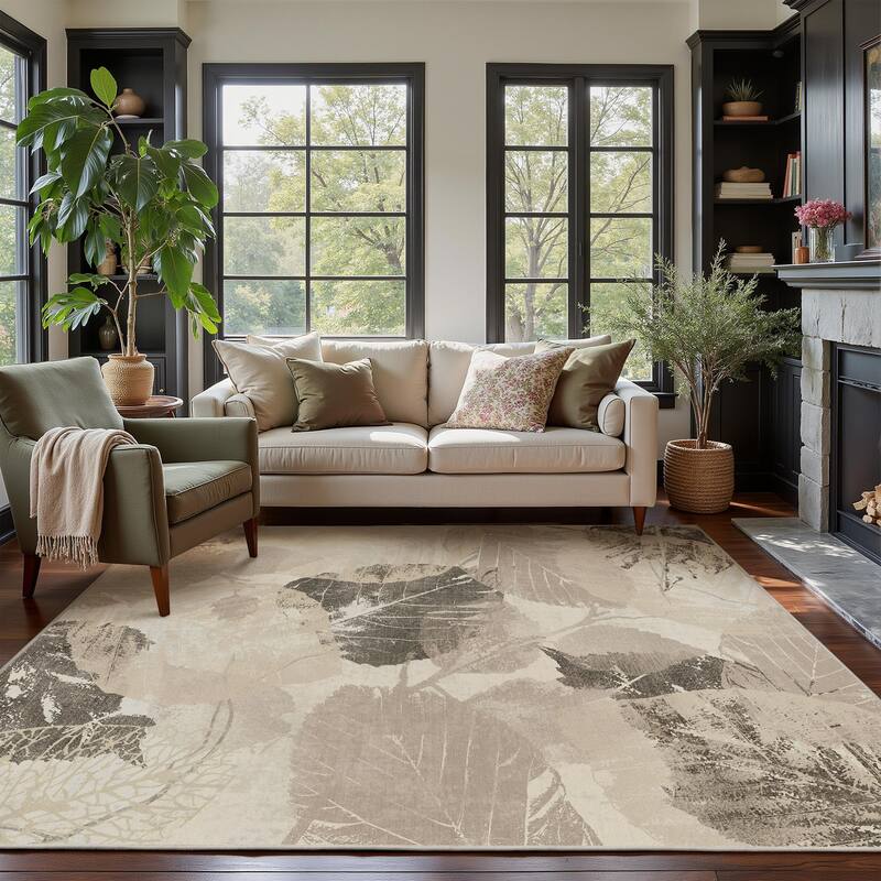 Mcow Leaf Collection Botanical Print Low-Pile Washable Area Rug
