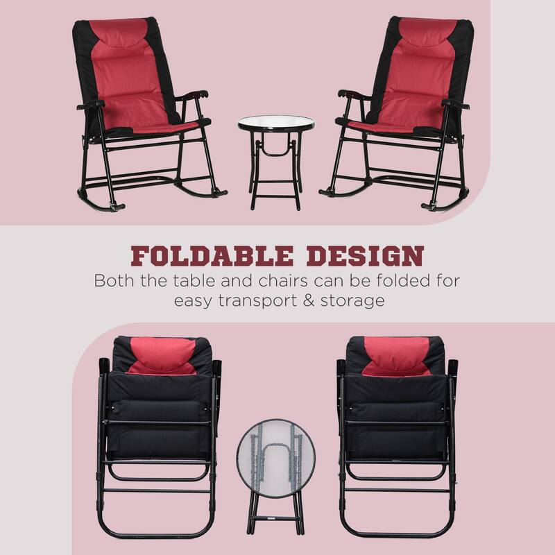 3 Piece Outdoor Patio Furniture Set with Glass Coffee Table & 2 Folding Padded Rocking Chairs for Porch, Camping, Balcony