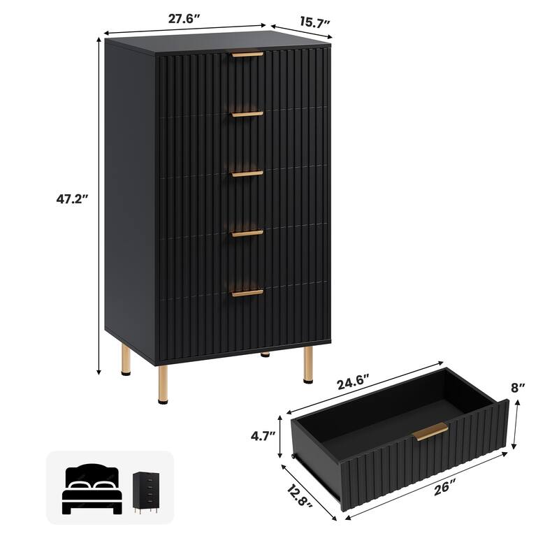 5 Drawer Fluted Dresser for Bedroom, Tall Modern Chest of Drawers with Deep Storage and Wide Top