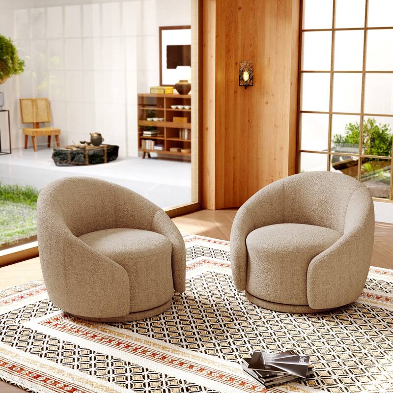 Boucle Barrel Chair Upholstered 360°Swivel Armchair Set of 2