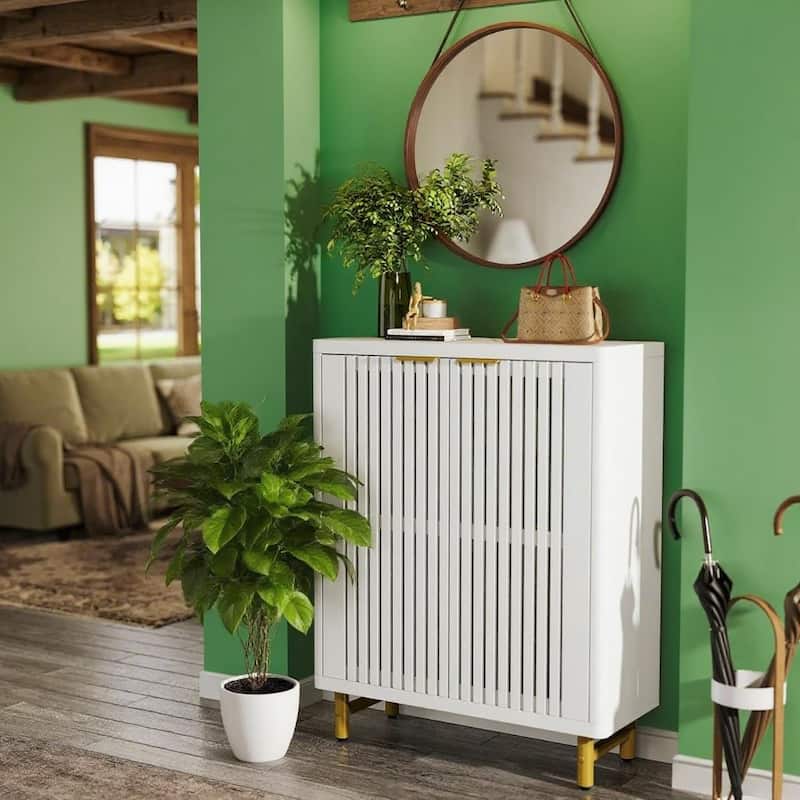 Versatile 6 Tier Shoe Cabinet with Adjustable Shelves Dual Louver Doors Wide Countertop - 33.46" x 13.78" x 43.31"