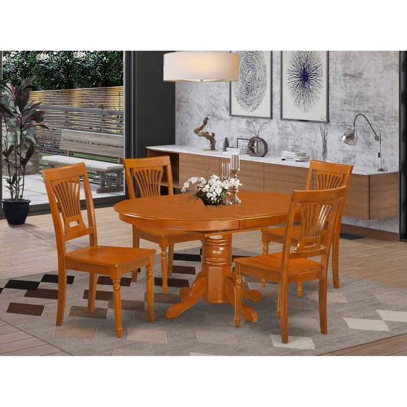 5-Piece Oval Saddle Brown Finish Solid Wood Top Dining table with 4 Chairs with