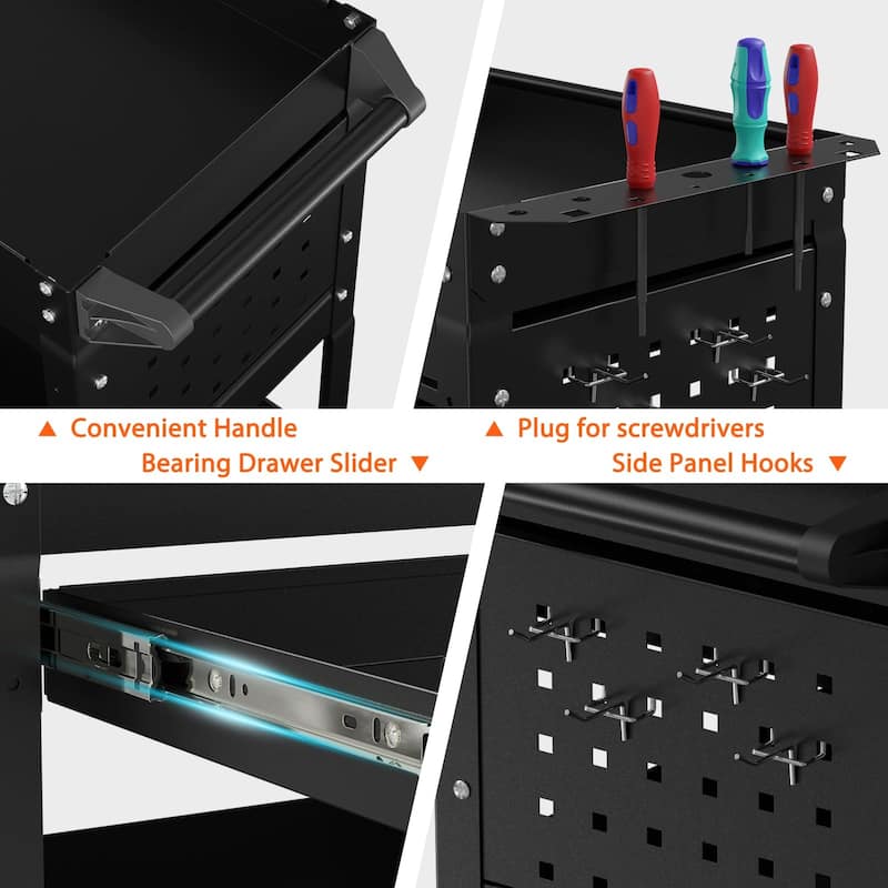 3-Tier Rolling Tool Cart on Wheels for Mechanics with Utility Drawer