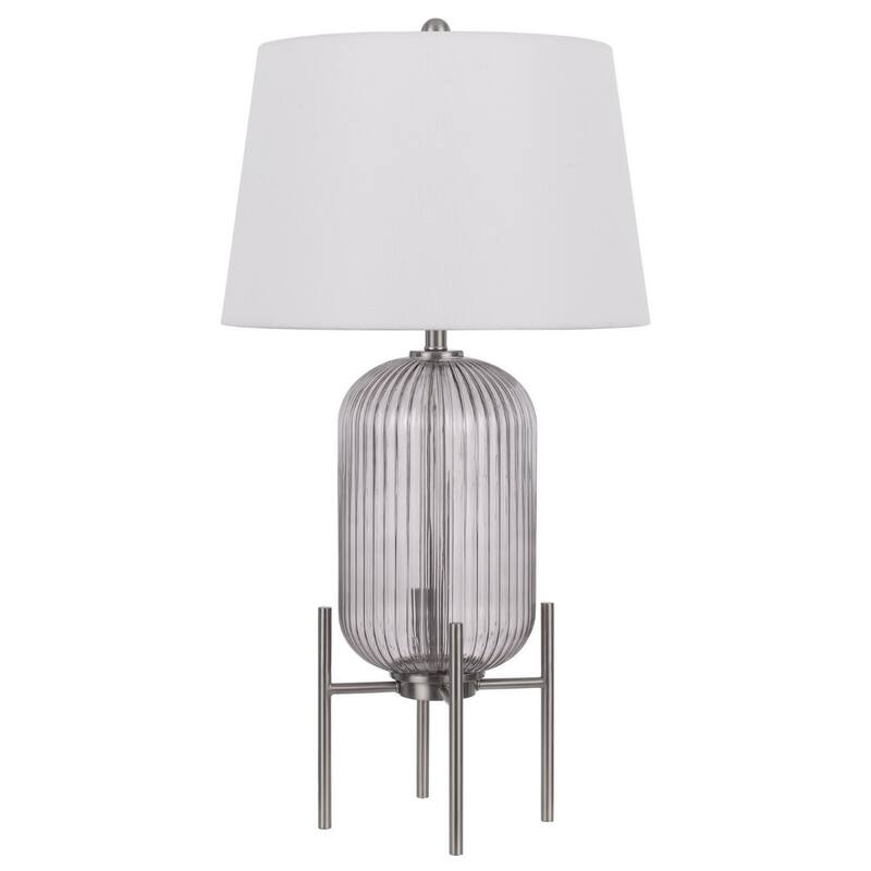 33" Contemporary Nickel Glass Round Table Lamp with White Linen Shade and 3-Way Switch for Living Room - 32.5”H x 17”W x 17”D