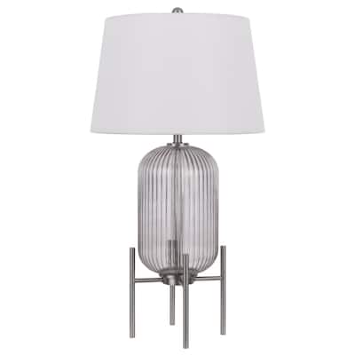 33" Contemporary Nickel Glass Round Table Lamp with White Linen Shade and 3-Way Switch for Living Room - 32.5”H x 17”W x 17”D