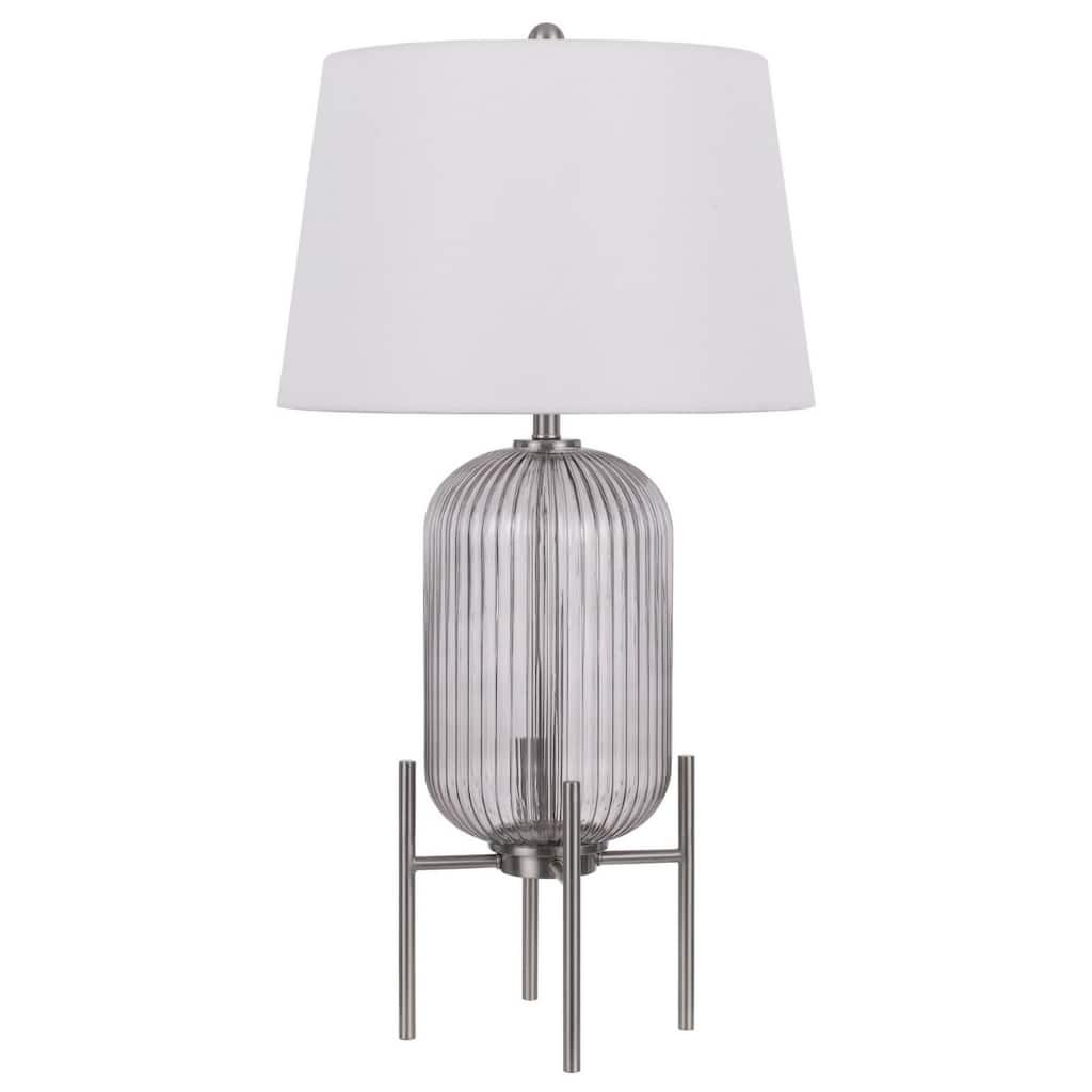 33" Contemporary Nickel Glass Round Table Lamp with White Linen Shade and 3-Way Switch for Living Room - 32.5”H x 17”W x 17”D