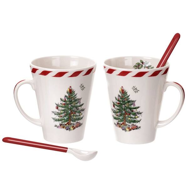 slide 2 of 7, Spode Set of 2 Christmas Tree Peppermint Mugs with Spoons 2 Piece - 3.75" D x 4.75" H - Multicolored
