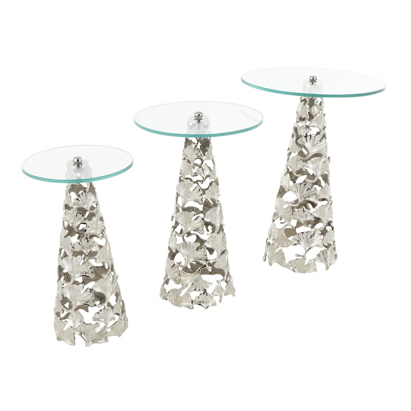 Aluminum Metal Floral Cutout Cone Shaped Accent Table with Tempered Glass Tabletop - Set of 3 Silver or Gold - Roche River Decor