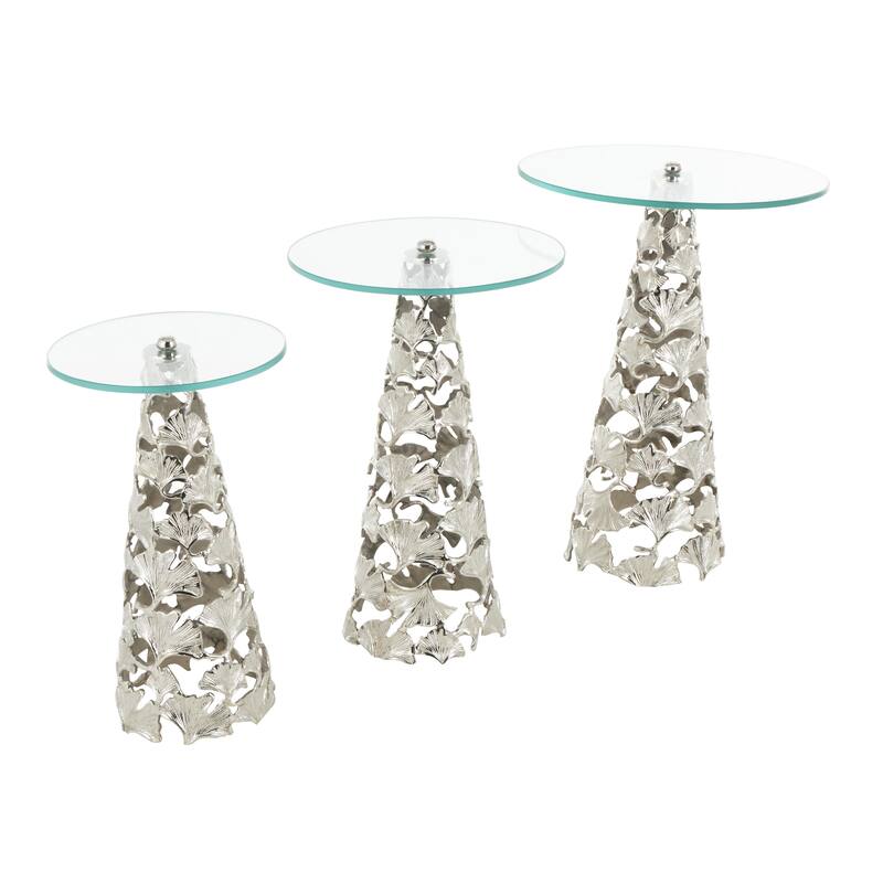 Gold or Silver Aluminum Metal Cutout Cone Shaped Floral Side End Accent Table with Tempered Glass Tabletop (Set of 3)