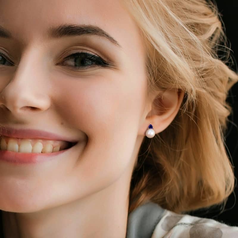 Miadora 8-8.5mm Cultured Freshwater Pearl 4/5ct TGW Created Blue Sapphire Stud Earrings in 10k White Gold