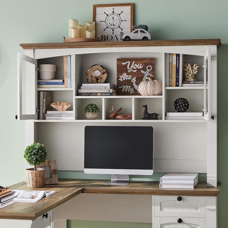 Farmhouse Computer Desk with Hutch, Wood Home Office Desk