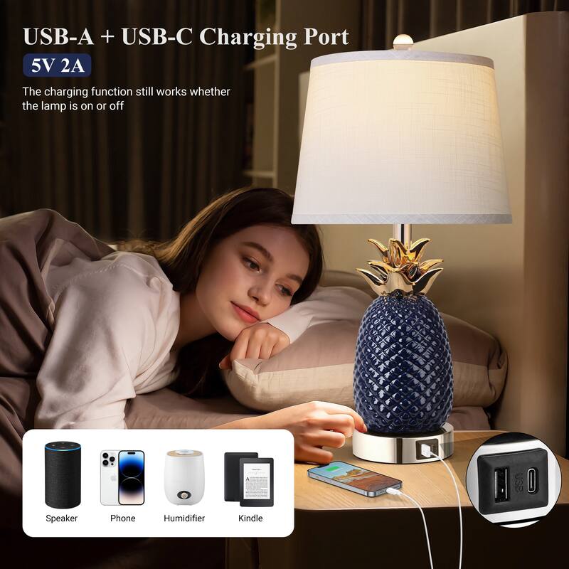 3 Way Dimmable Ceramic Table Lamp with USB Port, Tall Coastal Table Lamps (Set of 2)