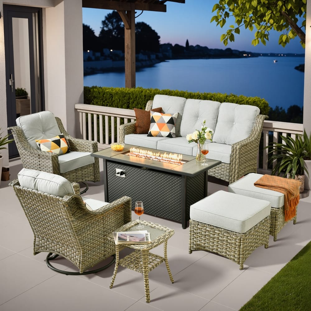 ​​OVIOS 7 Pieces Outdoor Wicker Swivel Chair Set with 54" Fire Table​