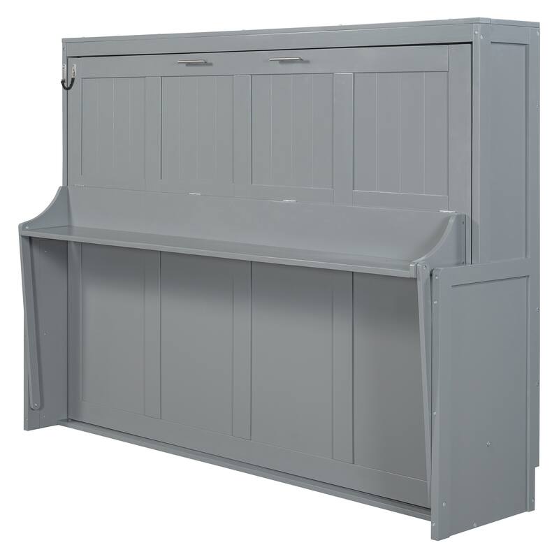 Space-Saving Queen Murphy Bed with Hydraulic Lift & Foldable Desk in Gray