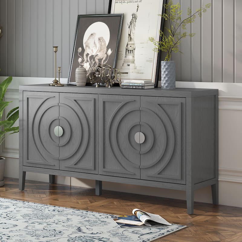 Retro Sideboard Door wCircular Groove Design Round Metal Door Handle, Wooden Buffet Cabinet,Adjustable Shelves & Open Countertop - Gray