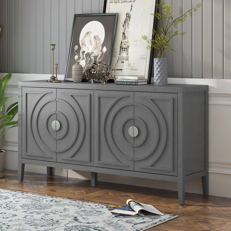 Retro Sideboard door with Circular Groove Design Round Metal Door Handle for Entrance, Dinning Room, Living Room (Gray) - Grey