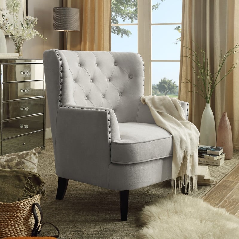 Moser Bay Mignon Velvet / Linen 30'' Wide Tufted Wingback Accent Chair - Beige-Velvet